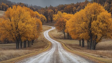 Obraz premium Autumn Country Road Winding Through Golden Trees