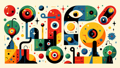 Obraz premium Vibrant Abstract Art Print Colorful Geometric Shapes Eye Motifs Modern Design Retro Style