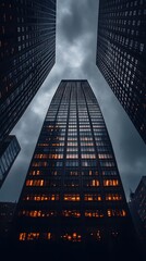 Imposing skyscraper framed by towering buildings under a moody sky.