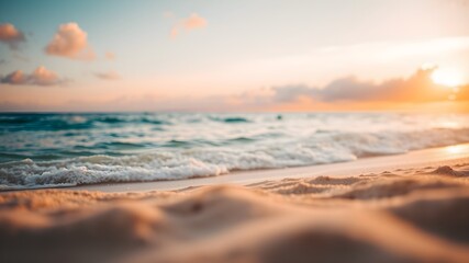Obraz premium Closeup sea sand beach. Panoramic beach landscape. Inspire tropical beach seascape horizon. Orange and golden sunset sky calmness tranquil relaxing sunlight summer mood. Vacation travel holiday banner