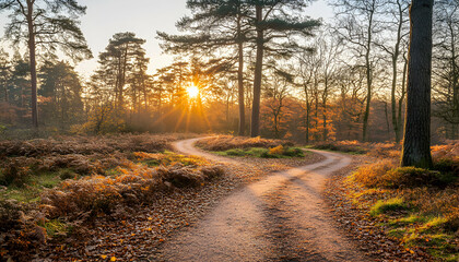 Fototapeta premium Serene autumnal sunset scene winding path through a golden forest, bathed in warm light.
