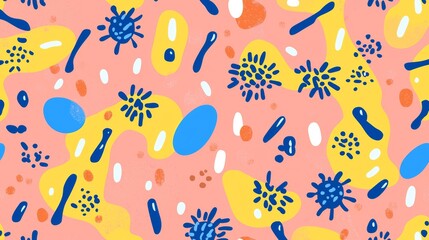 A seamless pattern of diverse virus and bacteria shapes in bold flat colors, scattered on a bright pastel background, scientific theme