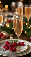 Elegant champagne flute with fresh cranberries, festive table setting for celebrations.