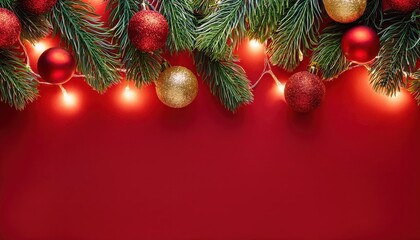 Vibrant Festive Border Frame Green Pine Branches adorned with Red Gold Baubles and Ligaments, Setting a Christmas Mood with Warmth and Cheer