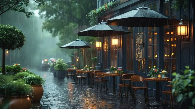 Cozy Outdoor Caf&eacute; on a Rainy Evening with Warm Lights, Seamless Looping 4K Video Animation Background