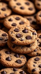 Delicious golden chocolate chip cookies stacked among many cookies.