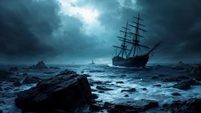 Dark seascape with stormy sea. A dark and ghostly landscape. Short video clip. 