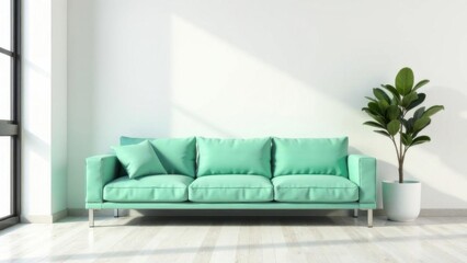 Modern living room interior with mint green sofa on the white wall in living room
