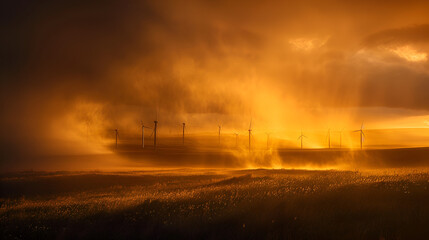 Obraz premium Wind turbines in a golden sunset landscape | Renewable energy wind farm during a dramatic sunset 