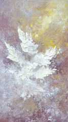 Abstract painting featuring soft white leaves on a textured pastel background, evoking tranquility