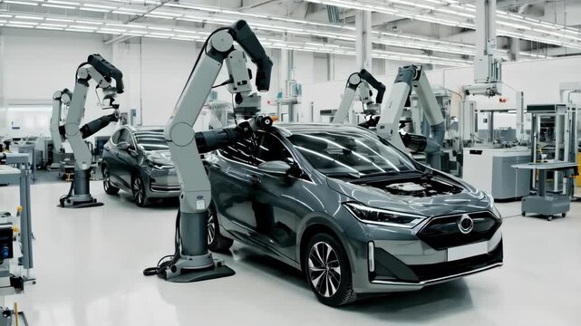 Automated robotic arms working on a modern electric vehicle in a state of the art car factory, showcasing advanced automotive manufacturing processes