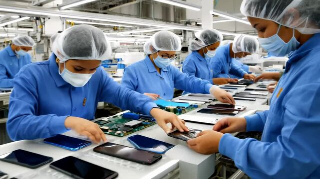 Workers wearing safety equipment meticulously assembling smartphones on high tech production line, demonstrating collaborative manufacturing precision in electronic industry