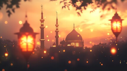 An Artistic Ramadan Background with a Silhouette of a Grand Mosque.