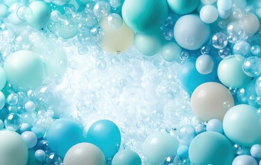Colorful Soft Blue and Light Green Texture with Bubbles and Pastel Balls for Celebratory Themes and Backgrounds
