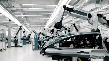 Robotic arms precisely welding and assembling vehicle bodies inside high tech automotive manufacturing facility, demonstrating advanced industrial automation and cutting edge robotic technology