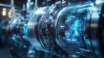 Fototapeta premium A digital close-up of ISO-accredited manufacturing equipment, with holographic overlays showing compliance metrics and quality controls, High-Tech CGI Render