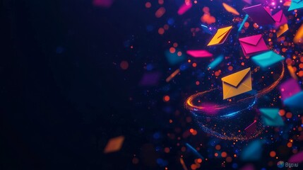 A digital marketing strategy board surrounded by colorful sticky notes, glowing digital tools, and a hovering 3D projection of an email campaign funnel, Dynamic Pop Art Style