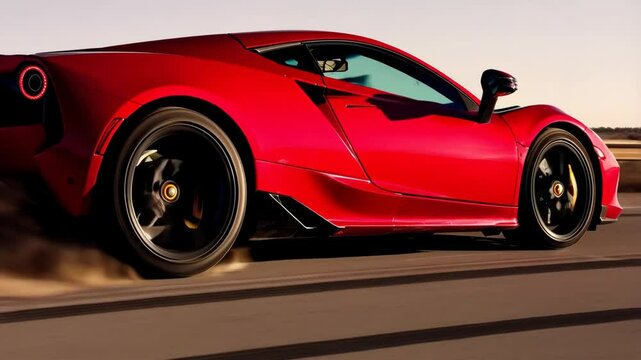 Muscular red sports car drifting across open highway, kicking up dramatic dust clouds while racing under blazing sunlight, revealing high performance driving dynamics
