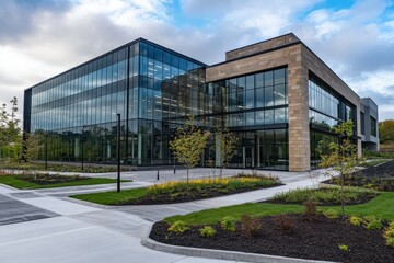 Modern Glass Office Building Surrounded by Green Landscape and Blue Sky