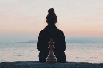 A woman sits on a rock by the ocean with a chess piece in front of her