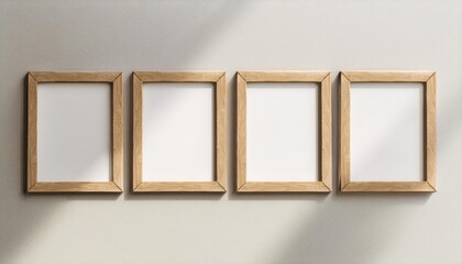 Four Elegant A Wooden Frames Showcasing an Artful 3D Illustration of Four Thin Frames Arranged in Portrait Orientation, Set Against a Light Backdrop Perfect for Digital Art, Home Decor, or