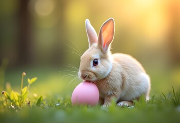 Cute bunny with pink Easter egg on green grass in sunlight