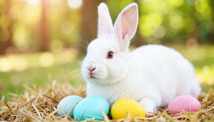 Adorable white bunny resting on straw next to colorful Easter eggs in a sunny garden setting