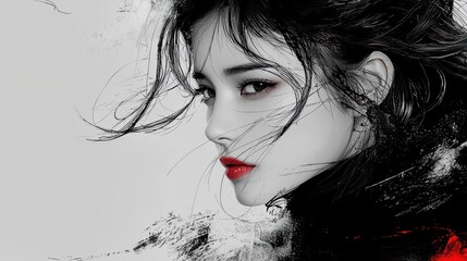 Fototapeta premium Elegant Woman Portrait Artistic Red Lips Black Hair