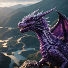 A legendary amethyst dragon with shimmering purple scales flying over a kingdom.
