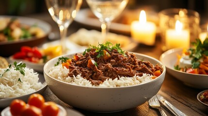 A cozy dining scene featuring a bowl of beef stew over rice, surrounded by various dishes.