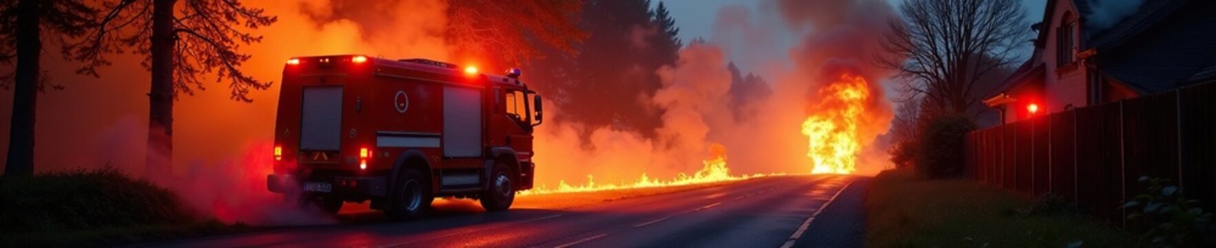 Feuerwehrfahrzeug vor einem Geb?udebrand mit Rauch und Flammen in einer engen Gasse, brand, r?ckw?rts