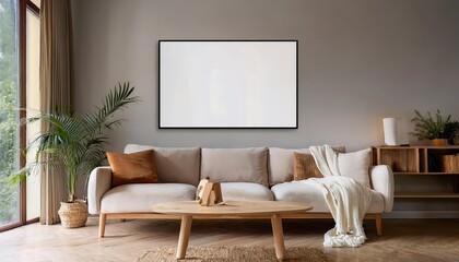 Chic Scandinavian Living Room Ambiance with Framed Poster Mockup, Showcasing a Modern Artistic Masterpiece in Cool Tones and Textures for Home Decor Inspiration.