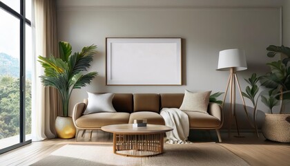 Stylish Scandinavian Living Room with Framed Poster Mockup, Invoking Warmth and Tranquility in a Minimalist Haven