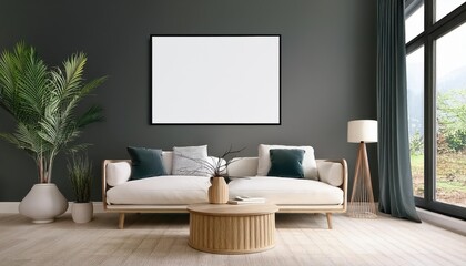Scandinavian Interior Living Room Mockup with Frame Poster Showcasing Tranquil Forest Landscape at Dusk, Perfect for Digital Art, Home Decor, or Design Inspiration
