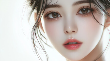 Fototapeta premium Beautiful Asian woman with full lips, clean skin, and glossy hair, with natural makeup on her face, generative AI