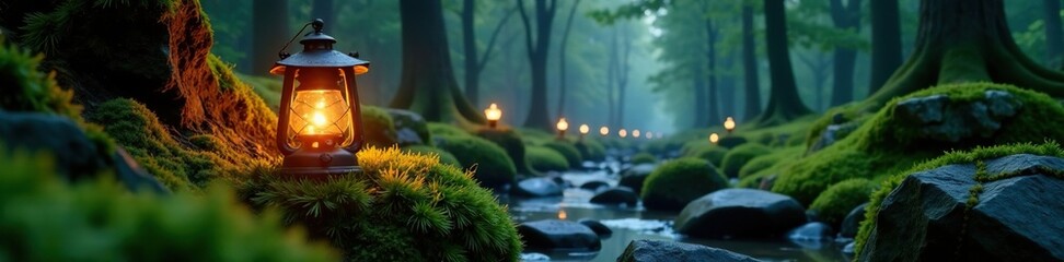 Fototapeta premium Lantern's warm glow on moss-covered headstones, trees, okunoin