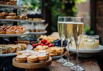 Elegant dessert display featuring assorted pastries, fresh fruits, and sparkling drinks for a festive celebration in a charming outdoor setting