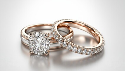 Elegant diamond engagement ring and wedding band set on a reflective surface, showcasing exquisite craftsmanship and sparkling brilliance of precious stones