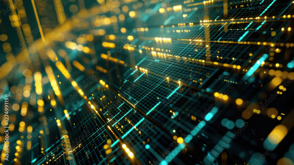 Poster digital abstract background with glowing lines and particles, representing technology and data flow.