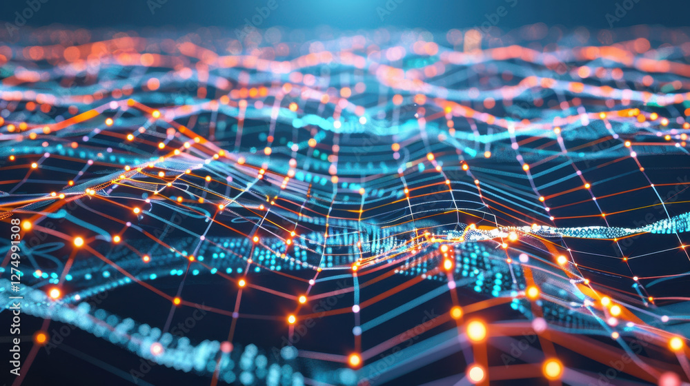 Poster digital landscape with glowing lines and nodes, representing data flow and connectivity. vibrant col