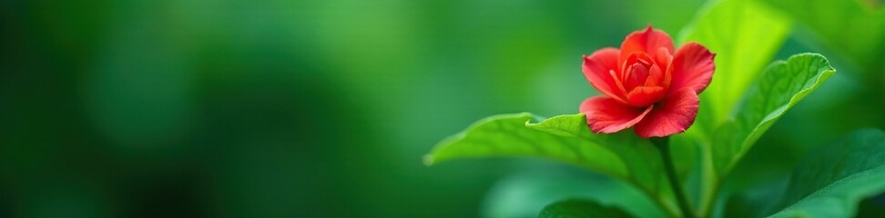 Fototapeta premium Red flower peeking out of the emerald green leaf, nature, foliage, greenery