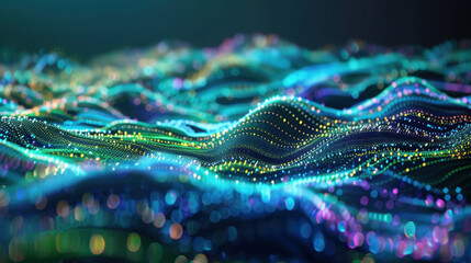 Vibrant abstract waves of colorful light create mesmerizing digital landscape, showcasing blend of blue, green, and purple hues. flowing patterns evoke sense of depth and movement