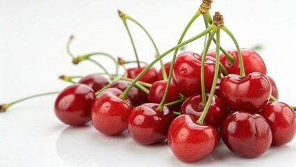 A bunch of red cherries with green stems, isolated