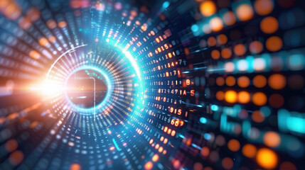 Obraz premium Abstract digital tunnel with glowing binary code and vibrant lights, representing technology and data flow, creating sense of depth and movement
