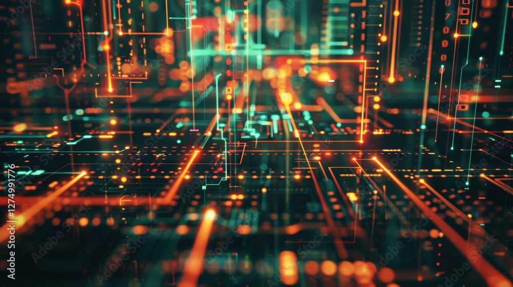 Poster abstract digital circuit board with glowing lines and nodes, representing technology and data flow. 