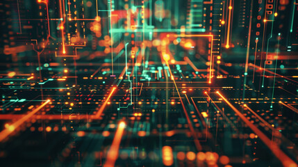 Fototapeta premium Abstract digital circuit board with glowing lines and nodes, representing technology and data flow. vibrant colors create futuristic atmosphere