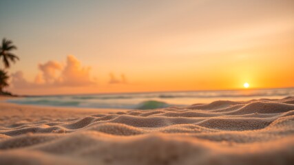 Fototapeta premium Closeup sea sand beach. Panoramic beach landscape. Inspire tropical beach seascape horizon. Orange and golden sunset sky calmness tranquil relaxing sunlight summer mood. Vacation travel holiday banner