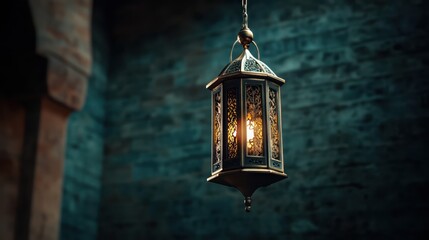 Vintage Decorative Lantern Hanging in Dimly Lit Room with Intricate Patterns and Warm Glow