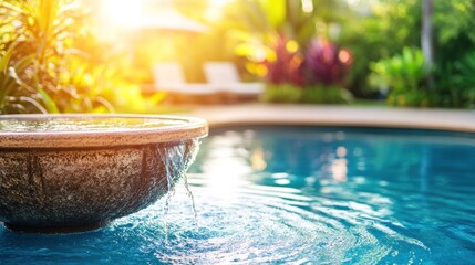 Stone fountain flows into tranquil poolside oasis