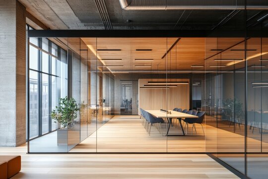 Modern glass office meeting room, city view, wood floors, workspace